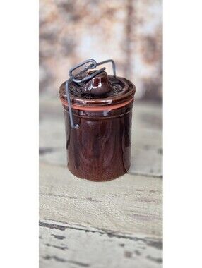 Vintage Stoneware cheese or butter crock brown glaze w/seal &wire bail closure